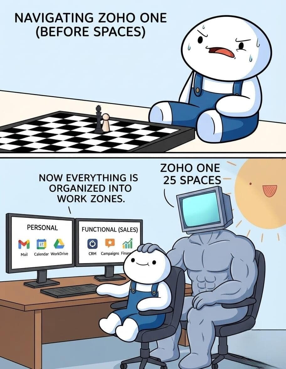 Zoho One 25 Spaces UI: Personal, Organizational, and Functional Spaces